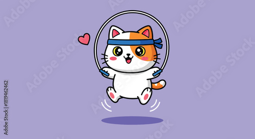 Adorable cartoon cat with blue headband happily jumping rope for exercise.