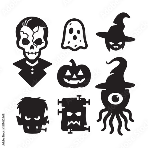 Collection of spooky Halloween character icons including monsters and a pumpkin. 