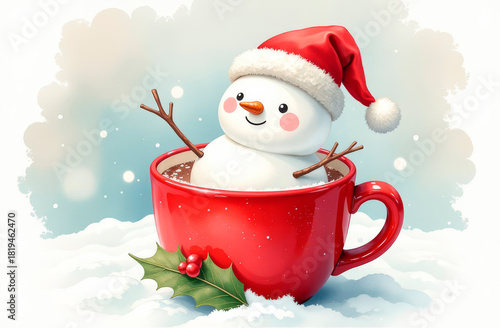A snowman in a Santa hat basks in a cup of cocoa against a watercolor winter background. Space for text.