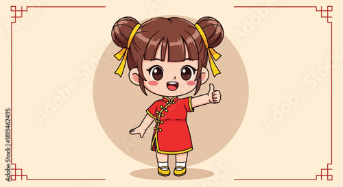Adorable cartoon Chinese girl in traditional red dress with bun hairstyles giving a thumbs up.