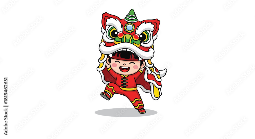 Fototapeta premium Cartoon child performing traditional Chinese lion dance with colorful costume.