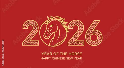 Chinese New Year 2026 Year of the Horse design ornate numbers horse head red background.