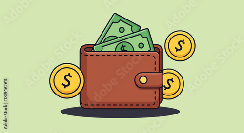 Brown Wallet with Green Dollar Bills and Gold Coins Illustration.