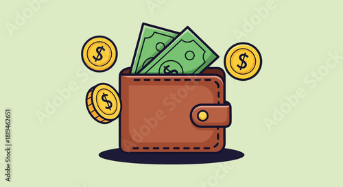 Cartoon brown wallet with green dollar bills and golden coins.