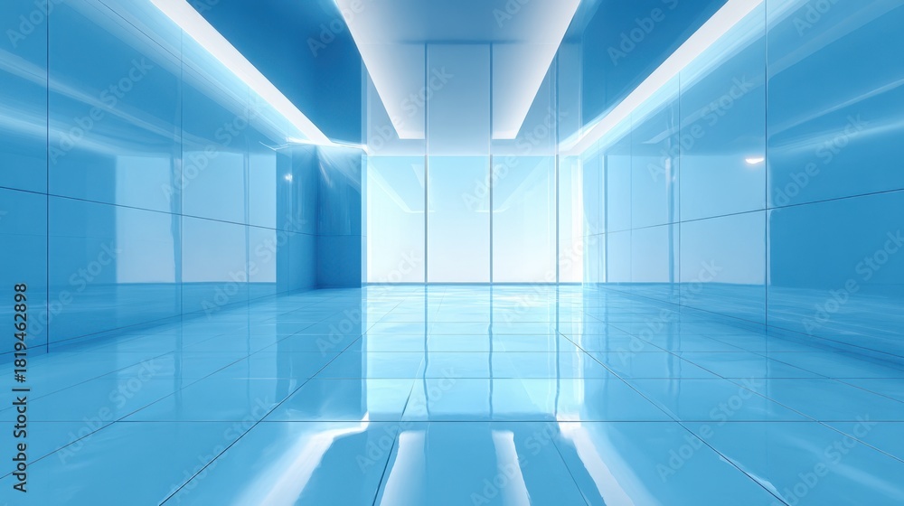 Obraz premium A serene hallway with bright blue walls and reflective tiles creates a calm and modern setting.