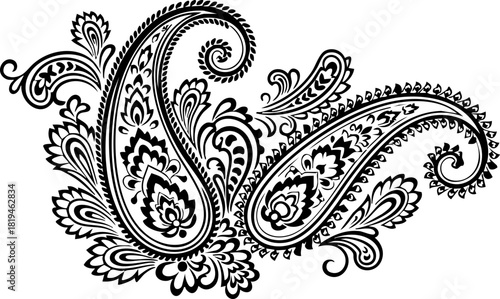 Elegant black and white paisley motif design, classic intricate floral pattern for decorative applications and textile prints, timeless ornamental beauty