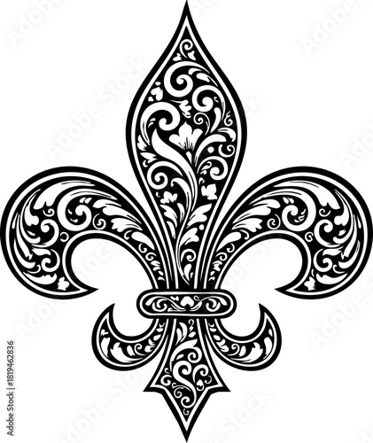 Elegant ornamental fleur de lis emblem with intricate scrolling details perfect for royal branding and decorative design projects