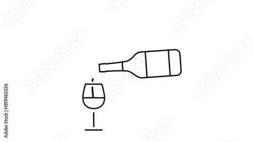 Minimalist black and white line animation showing wine being poured from a bottle into a wine glass. Clean motion graphics design for versatile use in visual media.