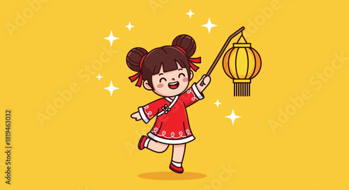 Cute cartoon Chinese girl in traditional red dress holding a festive lantern.