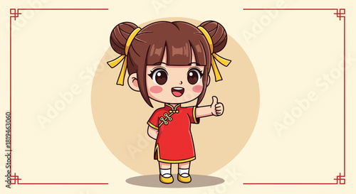 Cute cartoon Chinese girl in red cheongsam giving thumbs up.
