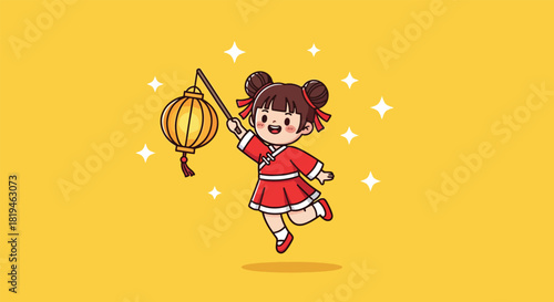 Cute cartoon girl in traditional Chinese dress holding a festive lantern.