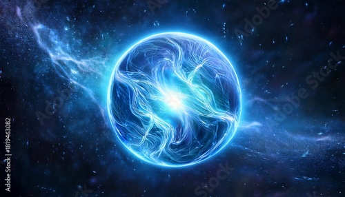 Blue Energy Plasma Ball In Deep Space Galaxy Background Sci Fi Concept
