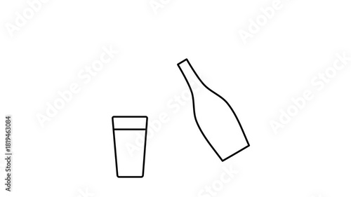 A clean, minimalist line animation showing water being poured from a bottle into a glass. Black outline on white background with no fill. Loopable and 4K