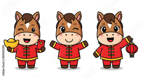 Cute cartoon horses in red Chinese outfits celebrating Lunar New Year.