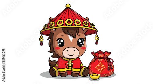 Cute cartoon horse in traditional Chinese red costume with lucky bag and gold ingot.