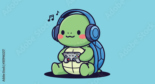 Cute cartoon turtle wearing headphones and playing video games.