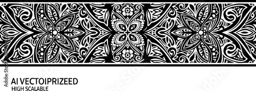Intricate black and white tribal floral border design, perfect for decorative accents and elegant graphic elements, enhancing any creative project with timeless appeal.