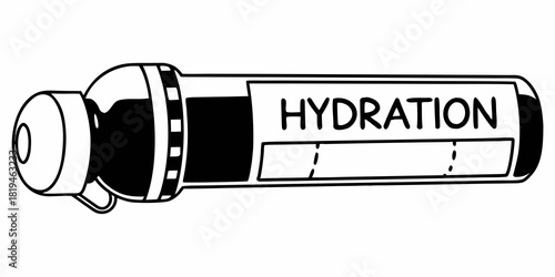 Illustration of a black and white water bottle with the word hydration on a label in bold text