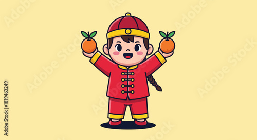 Cute Chinese boy cartoon holding oranges celebrating Lunar New Year.