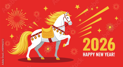 Decorative white horse with golden mane and tail for 2026 New Year celebration.
