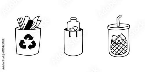 Three icons depicting recycling bin, reusable bag with bottle, and drink with straw and ice cubes