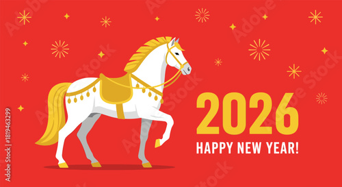 Decorative white horse with golden saddle for 2026 Happy New Year celebration.