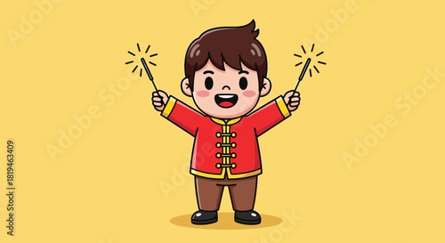 Happy cartoon boy in red traditional Chinese outfit holding two sparkling sparklers.