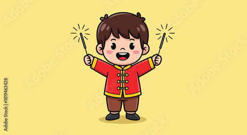 Happy cartoon boy in red Chinese outfit holding glowing sparklers.