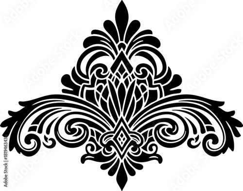 Elegant black ornamental flourish with intricate scrollwork and floral motifs, perfect for sophisticated design projects and decorative accents.