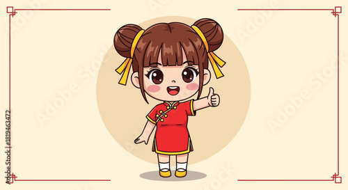 Happy cartoon Chinese girl in red cheongsam dress with buns giving thumbs up.