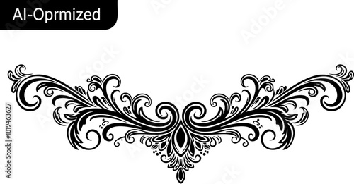 Elegant black ornate flourish design element, perfect for wedding invitations, vintage borders, and sophisticated graphic projects.