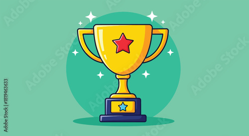 Shiny golden trophy cup with red star illustration symbol of success and achievement.