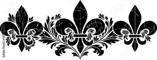 Elegant black fleur de lis ornate decorative border with vintage distressed texture, perfect for premium branding and timeless design elements