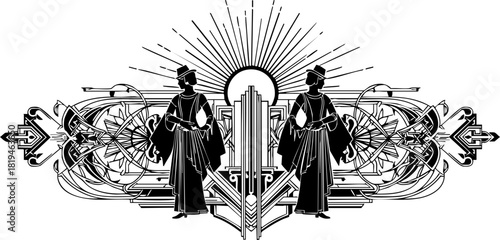 Elegant art deco figures flanking a radiant sunburst design evoke timeless glamour and sophisticated celebration