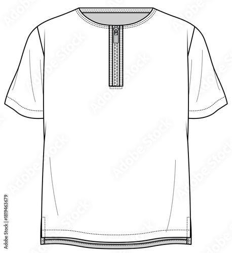 mens short sleeve round neck front zipper t shirt flat sketch vector illustration casual t shirt with quarter zip collar technical cad drawing template