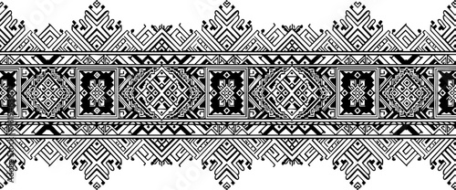 Intricate geometric tribal border pattern offers timeless elegance for textile design or decorative accents creating sophisticated visual appeal