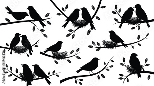 Bird silhouette, perched on branches, nest illustration, black vector, nature design, wildlife art, leaf detail, minimal style, peaceful, organic