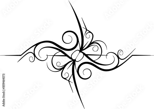 Elegant black ornamental flourish with swirling curves and sharp points creates a sophisticated decorative element for design projects.