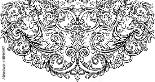 Intricate black and white floral scrollwork design with delicate leaf patterns and ornamental flourishes evokes timeless elegance and artistic beauty
