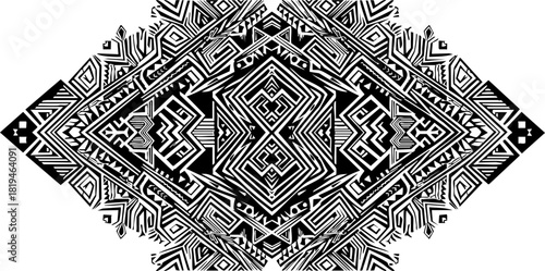 Intricate geometric tribal pattern design with bold black and white abstract ethnic motifs, perfect for modern textile applications or cultural branding