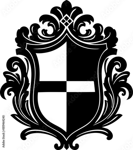 Elegant black and white heraldic crest with ornate scrollwork, symbolizing prestige, heritage, and noble lineage for sophisticated branding.