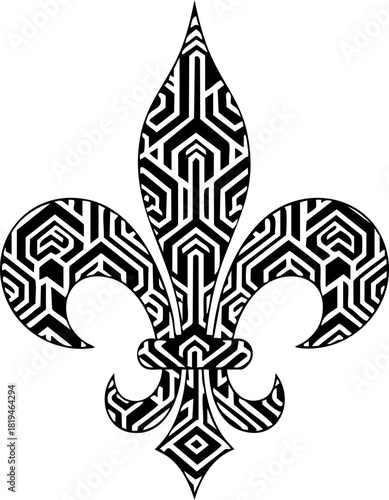 Elegant black and white geometric fleur de lis motif offers sophisticated design for luxury branding and decorative projects