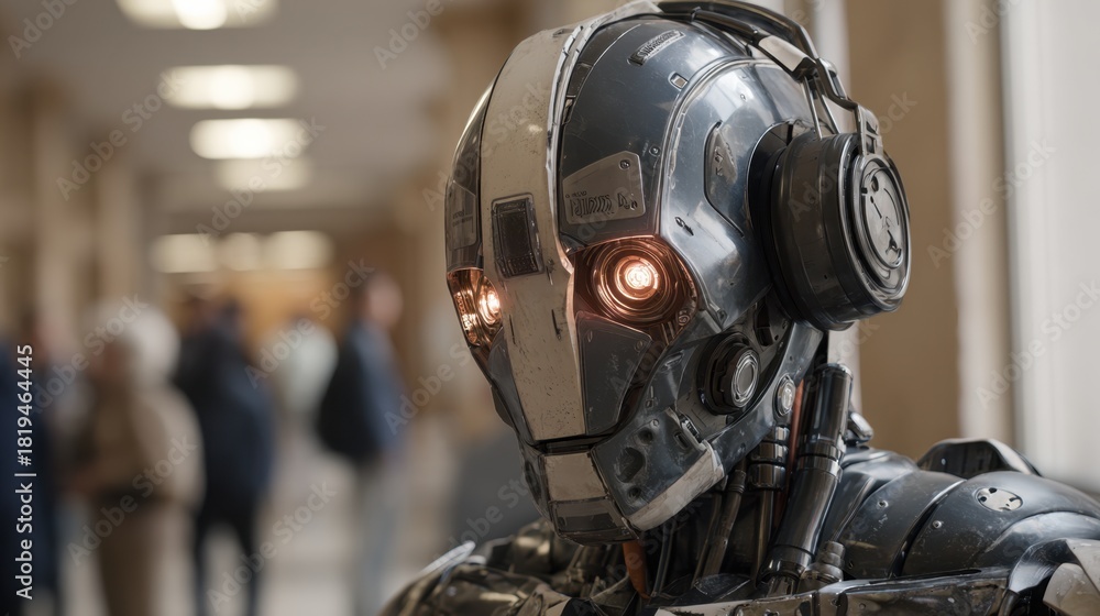 Fototapeta premium A sleek metallic robot with bright eyes observes the bustling crowd in a lively urban setting.