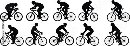 Cyclist silhouette, bike riders, black illustration, posture variation, sports design, bicycle motion, fitness art, vector style, active lifestyle, speed