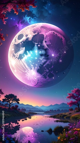 Serene landscape with a large moon, over reflecting water