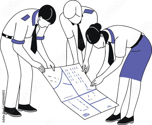 Professional Architects in Uniform Collaborating Intensely Over Large Blueprint in Team Meeting