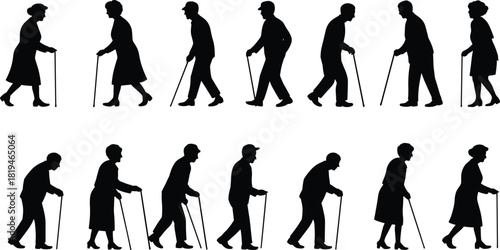 Elderly walking silhouette, cane support, aging mobility, black illustration, senior posture, gerontology design, physical therapy, vector art, health, care