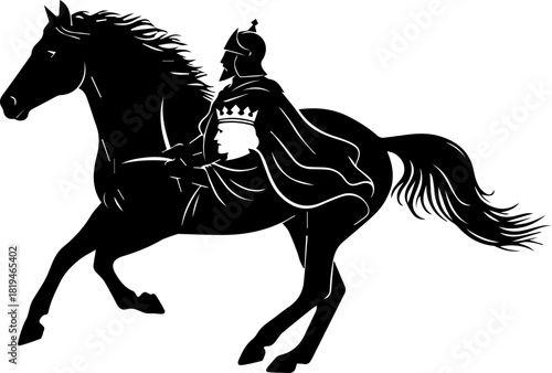 Stunning warrior riding majestic horse with flowing cape, powerful equestrian scene, historical figure, perfect for logos, badges, and illustrations