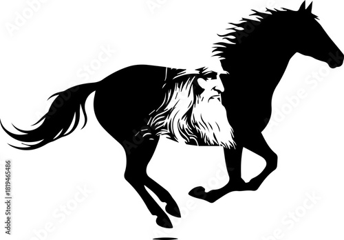 Majestic stallion with ancient wise face galloping powerfully, symbolizing strength, freedom, and timeless wisdom for your projects