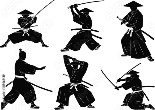 Samurai warrior silhouette, katana pose, black vector, martial arts, Japanese culture, combat stance, traditional attire, minimal, dynamic, sketch